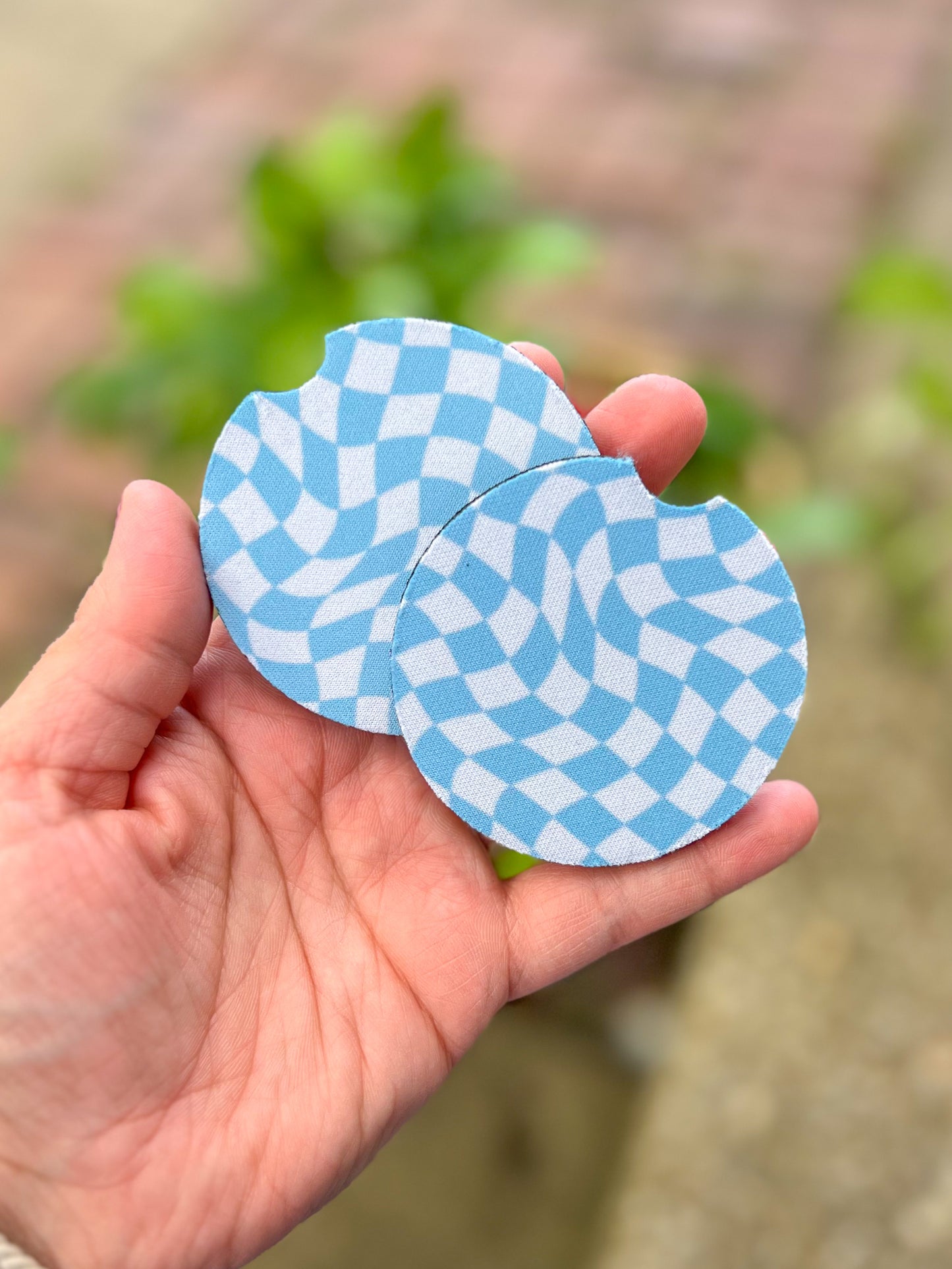 Baby Blue Checkered Car Coasters